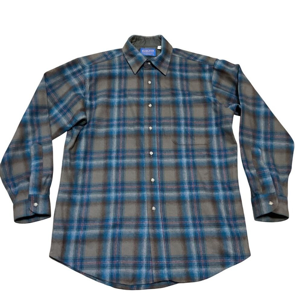 Pendleton Plaid Button-Up Shirt Size M 100% Virgin Wool Blue & Gray Long Sleeve